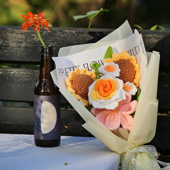 Crochet Flower Bouquet, Crochet Flowers Handmade Yellow Roses Sunflowers Bouquet, Romantic Gift for Her, Mother's Day, Wedding, Anniversary, Birthday Gift for Women Wife Lover Friends (Sunflower)