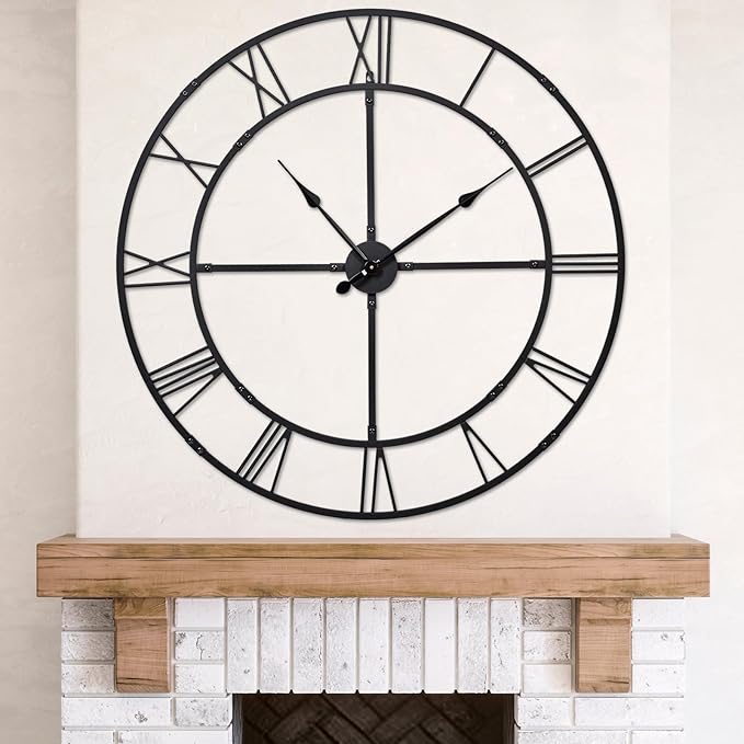 Extra Large 40 Inch Knocked-Down (KD) Wall Clock for Living Room Decor – Silent Non-Ticking Modern Farmhouse Wall Clock, Oversized Decorative Metal Roman Numeral Clock, Black