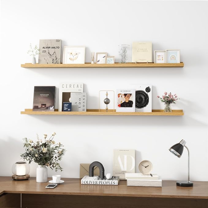 Acovy Picture Ledge Shelf, Wood Long Floating, Set of 2, 56 inch, Oak | Wall Mounted, For Living Room Kids' Room Bedroom, Photo Ledge Nursery Book Shelves