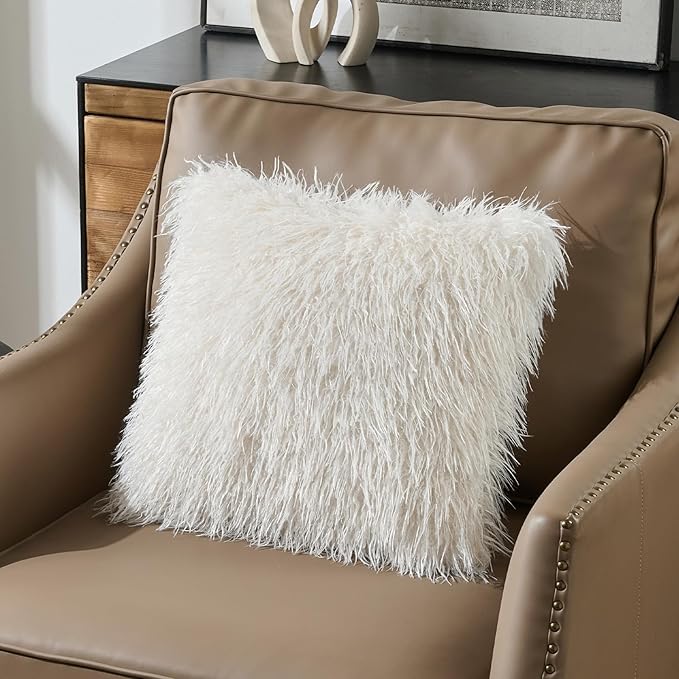 FUTEI Pack of 2 Shaggy Mongolian Faux Wool Throw Pillow Covers 18x18 Inch Soft Decorative Cushion Case for Couch Bed Living Room, Cream White