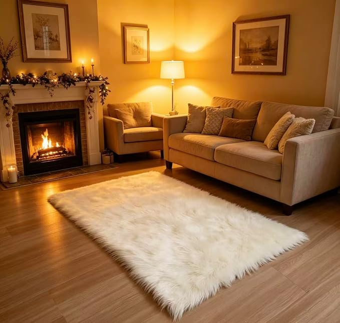 Faux Fur Rug Fluffy Sheepskin Area Rug,Ultra Soft Shaggy Plush Rug Bedroom Living Room Sofa Floor Kids Room Bedside（3 x 5 ft Rectangle White）