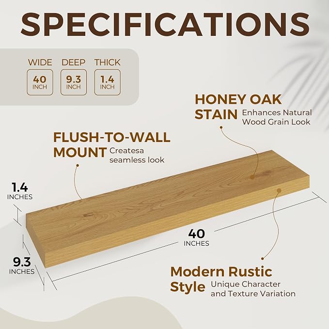 Dreamland 40Inch Floating Shelves 9.3" Deep Wall Mounted Set of 2 Oak | Wall shelves for bathroom, bedroom, Living Room, kitchen, deep wall mount wood storage display for home decor 40" x 9.3"