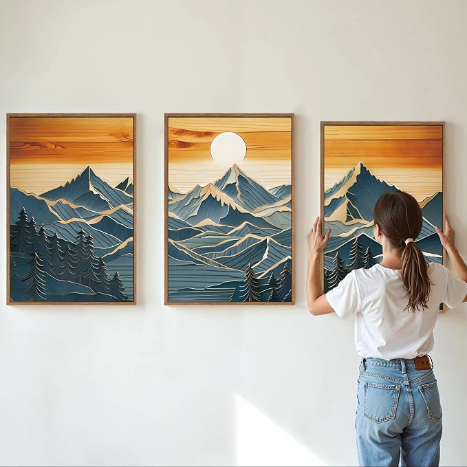 Tinonedraw Large Mountains Framed Canvas Wall Art Set of 3, Boho Nature Woodcut Forest Art Prints, Mid Century Modern Wall Decor, Sunset Landscape Art Paintings for Living Room Bedroom Office 16"x24"