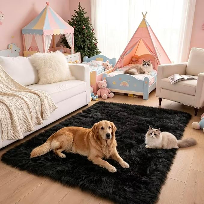 Faux Fur Rug Black Sheepskin Area Rug,Ultra Soft 4x6 ft Rectangular Shaggy Plush Rug for Bedroom Sofa Floor Bedside Living Room Kids Room