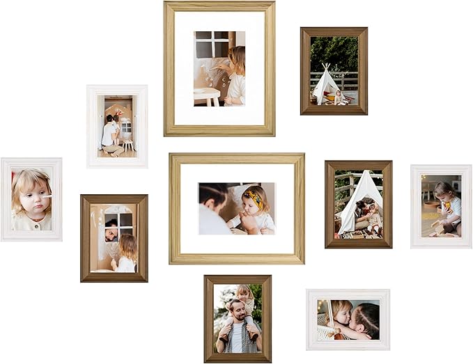 eletecpro Gallery Wall Frame Set of 10, Multiple Sizes Solid Wood Picture Frames Collage Wall Decor Including 2Pcs 8x10, 4Pcs 5x7, 4Pcs 4x6 Photo Frames, Natural, White, Brown