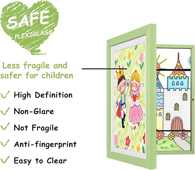 KINLINK A4 Kids Art Frame Set of 2, Solid Wood Kids Artwork Frames Changeable with Front Opening hold 150 Pictures, Art Frames for Kids Art with Mat，without Mat A4 Picture Frame Light Green