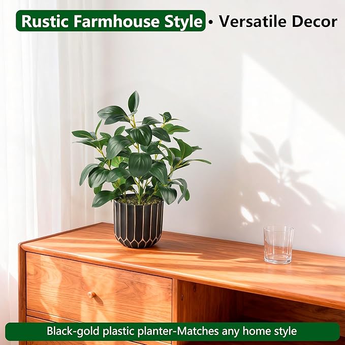 florisso Artificial Succulents with Fig Leaf Greenery in Black & Gold Planter, Fake Succulents Potted Decor for Farmhouse, Bathroom, Bedroom, Kitchen, Office Desk and Coffee Table (Black Gold)