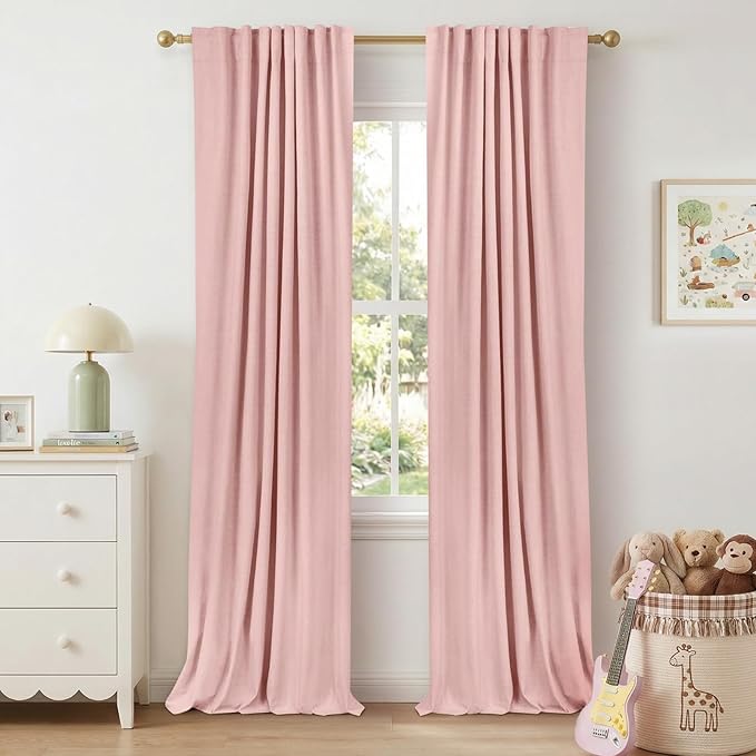 100% Blackout Shield Linen Blackout Curtains for Bedroom 102Inches Long, Back Tab/Rod Pocket Living Room Drapes, Thermal Insulated Blackout Curtains 2 Panels Set, 50" W x 102" L,Baby Pink