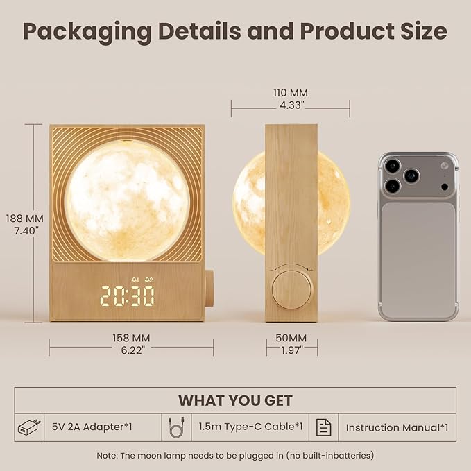 RETEYUNG Sunrise Alarm Clocks for Heavy Sleepers,Rotatable Moon Light with Gentle Wake-Up,Clock Night Lamp for Bedrooms - Snooze,10 Light Effects,10 Nature Sounds,15 Ringtones for Adults,Kids,Nursery
