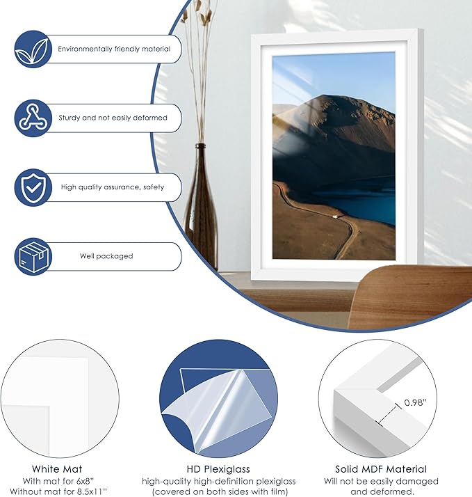 PEALSN 12x18 Picture Frame Set of 6, Display Pictures 11x17 with Mat or 12x18 without Mat for Wall Mounting Display, Photo Frames Collage for Wall Decor, White.