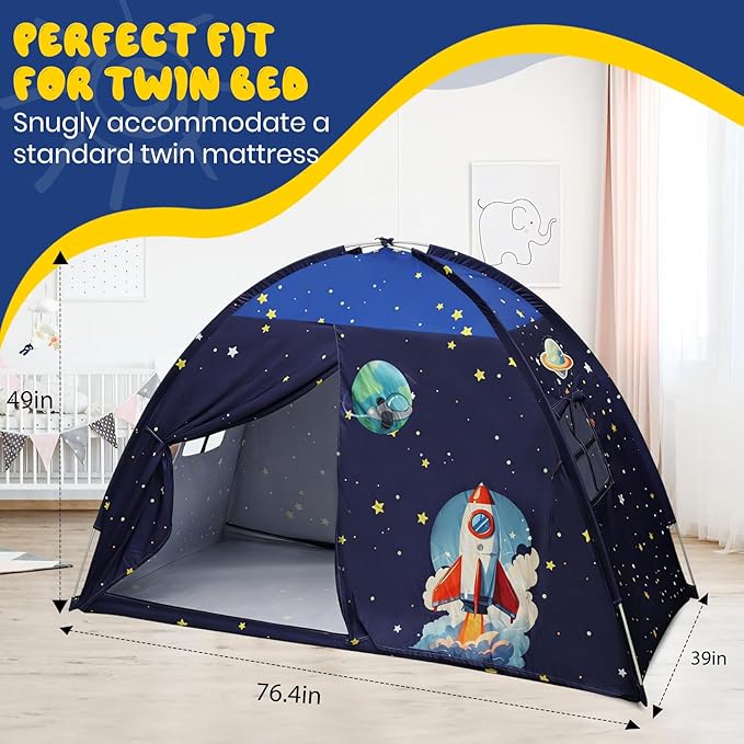 Redants Twin Bed Tent Canopy, Space Indoor Blackout Privacy Toddler Bed Tent for Kids with Light, Portable Sleeping Floor Kids Playhouse (Blue, Twin Size)