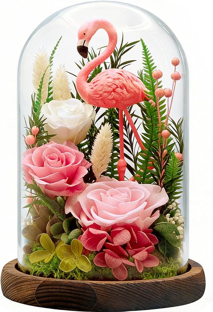 Eternal Flowers with Flamingo-Big Flower Big Love-Valentines Day Gifts for Her Mom Wife - Forever Flower in Glass Dome-Flowers for Delivery Prime | for Anniversary Birthday Mothers Day (Pink)