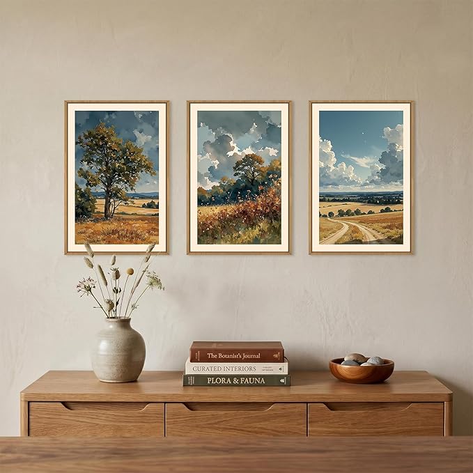 KAIRNE Nature Landscape Framed Canvas Wall Art Set,Watercolor Countryside Forest Wall Decor,Blue Green Scenery Art Prints,Rustic Wilderness Artwork for Living Room,Bedroom,Farmhouse,Office-24 x36 x3