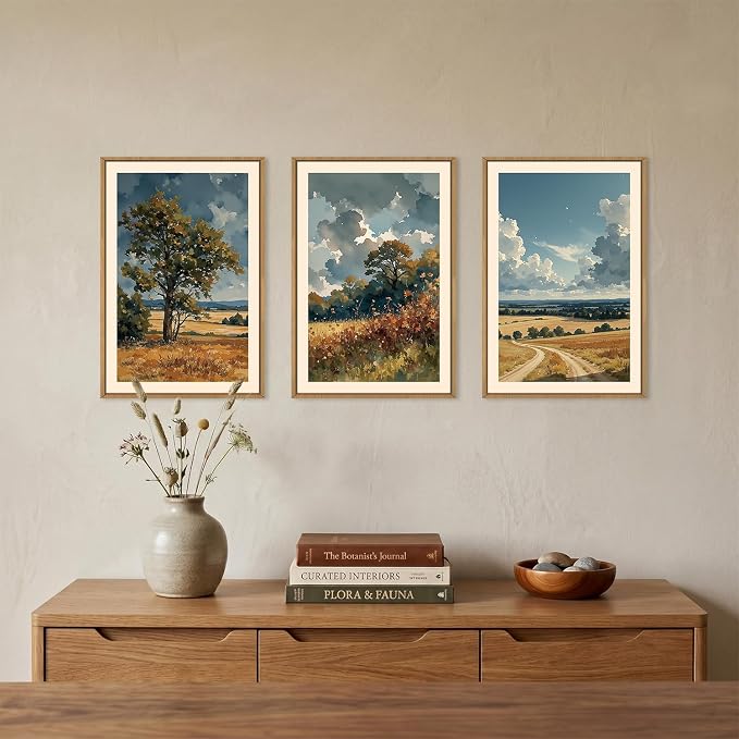 KAIRNE Nature Landscape Framed Canvas Wall Art Set,Watercolor Countryside Forest Wall Decor,Blue Green Scenery Art Prints,Rustic Wilderness Artwork for Living Room,Bedroom,Farmhouse,Office-16 x24 x3