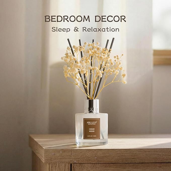 Airkeep Reed Diffuser Set,3.38 fl oz (100 ml) - Cedar Wood Oil Diffusers with 8 Reed Sticks, Home Fragrance Reed Diffuser for Bathroom Shelf Decor