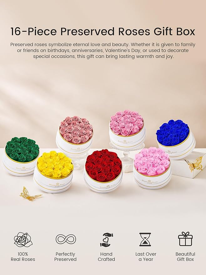 16 Preserved Roses Forever Flowers Real Roses in a Box Mother's Day Birthday Flowers for Her Mom Women Wife Valentine's Day, Yellow Roses
