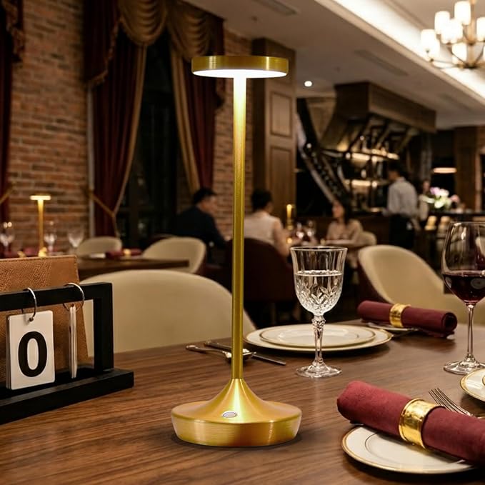 Gold Cordless Table Lamp, Rechargeable 6000mAh Battery LED Desk Lamp, Portable Metal Touch Lamp with 3-Level Dimming, Waterproof Light for Restaurant, Dining Table, Patio & Home Decor(Gold)