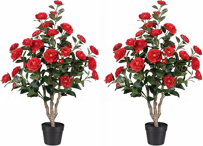 3ft Artificial Camellia Tree 2 Pack, 36" Faux Potted Camellia Plant with Vibrant Red Silk Flowers, UV Resistant Fake Flowering Tree for Front Porch Indoor Outdoor Home Office Floor Decor