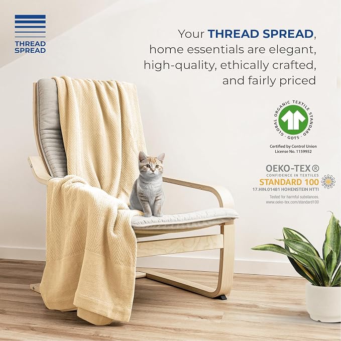 THREAD SPREAD Organic GOTS Cotton Blanket, Full/Queen - 350 GSM, Antistatic, Fuzzy Soft, Lightweight, Sofa, Camping & Travel, Perfect Herringbone All Seasons Throw, Beige + Trendy Tote Bag