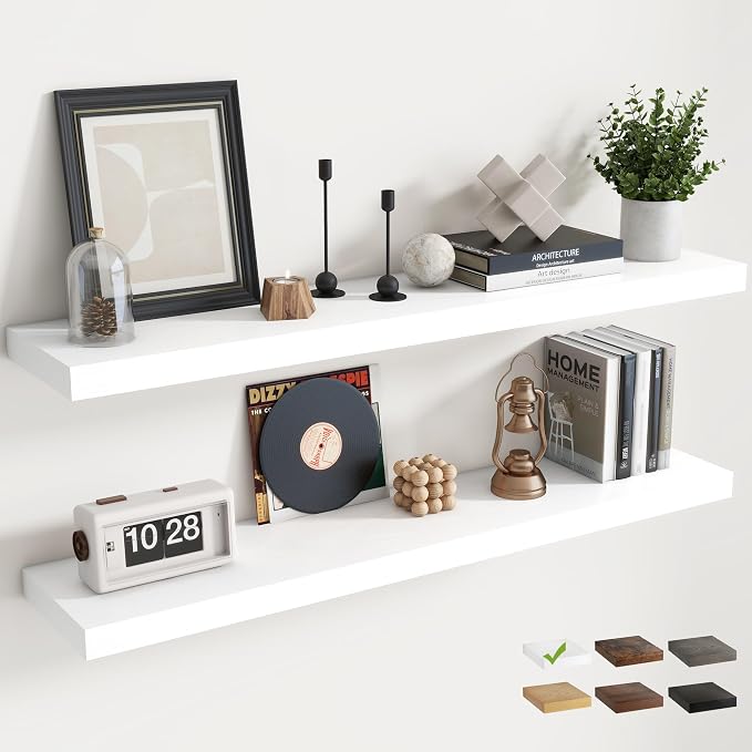 48 Inch Floating Shelves for Wall Set of 2, 8"D Wood Grain Bathroom Shelves with Invisible Brackets, Easy Install Engineered Wood Storage Shelves for Kitchen, Living Room, Bedroom, White Finish