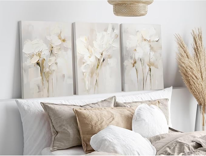 Neutral Wall Art Abstract Floral Canvas Pictures Beige Flower Wall Decor Modern Painting Minimalist Poster Abstract Botanical Prints White Artwork for Bedroom Living Room 16x24x3 Inch Ready to Hang