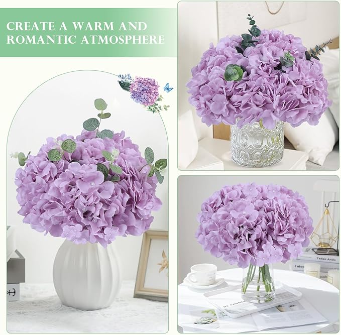 AVIVIHO 10pcs Fake Flowers Lavender Hydrangea Artificial Flowers Bulk (Not Squished, No Steaming Need) Silk Flowers with Stems for Wedding Decor,Home,Baby Shower,Table Centerpieces Decoration