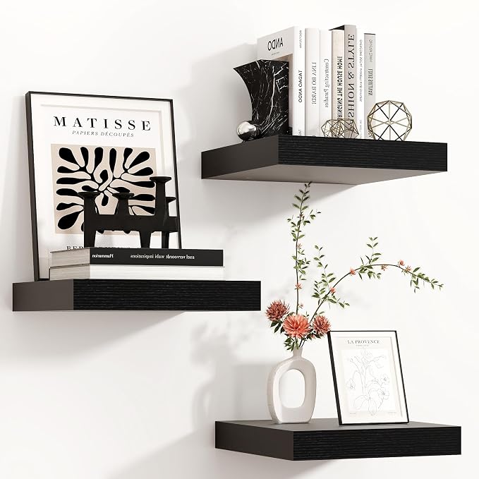 Venusmiles 12"x12" Square Floating Shelves for Wall, Black Finish, 3-Pack | Engineered Wood Wall Shelves with Invisible Brackets for Living Room, Bedroom, Bathroom, Office & Kitchen Storage