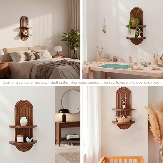 SweetSage Mordern Wall Shelf with Arched Mid Century Art Boho Decor Design Floating Shelves for Home Bedroom Living Room Farmhouse Display Wall Plant Holder Decoration, 22 x 11.8 Inch, Walnut