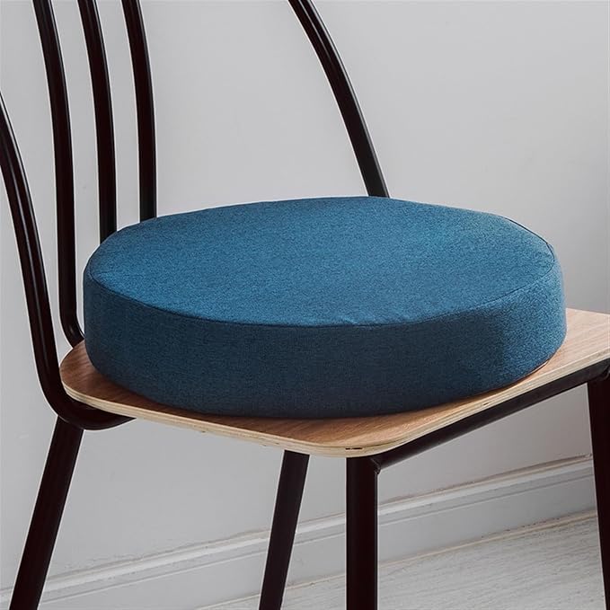 Reyox Thicken Cotton Linen Chair Cushion, Non Slip Seat Cushion for Recliners, Armchairs 3" Thick Round Navy Blue 18" x 18"