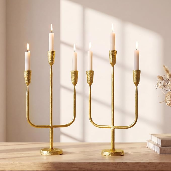 2 Pcs 16 Inch 3 Arm Metal Candelabra Cast Iron Taper Candelabra Vintage Tall Candle Holder Decorative Candlestick Holder for Wedding Antique Table Centerpiece & Mantel Decor (Gold)
