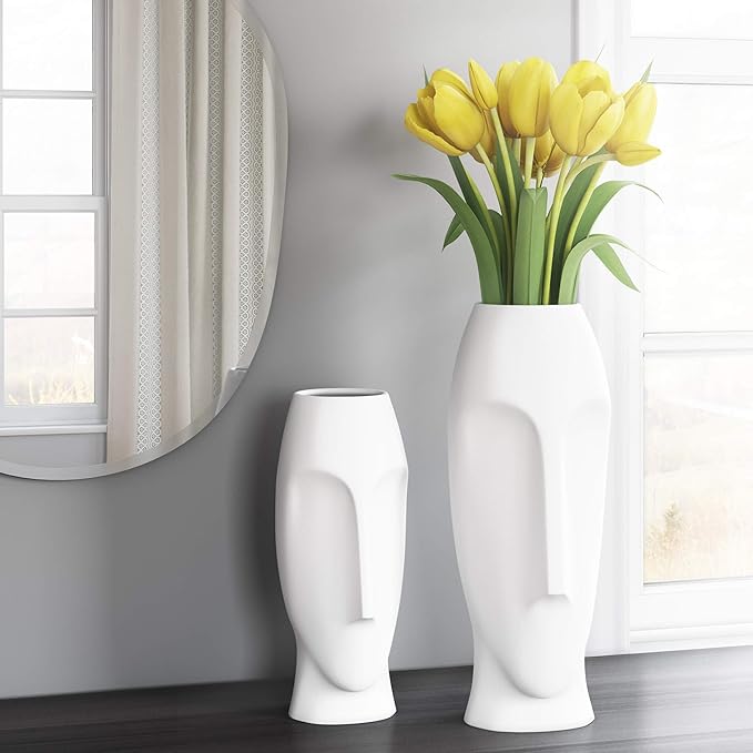 Howard Elliott Matte White Abstract Ceramic Face Vase Set of 2, Small and Tall White Human Face Vases for Decor, Plant, Flowers, Home, Office, Living Room, Entryway, Ideal Gift for Wedding