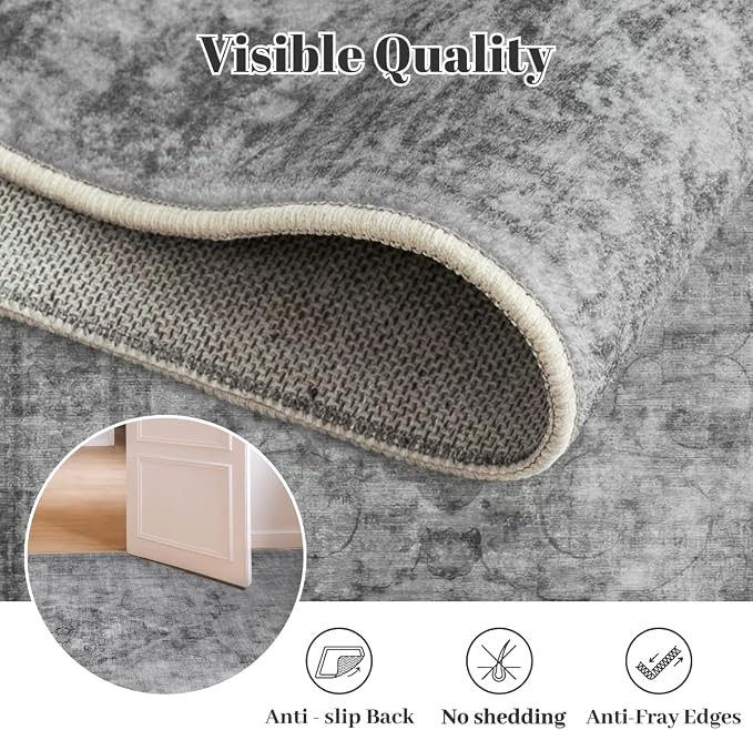 Homemate Washable Rug 9x12 Area Rugs - Vintage Faux Wool Rugs for Living Room Bedroom Dining Room - Non Slip Foldable Carpet Indoor Area Rug for Home Decor（9'x12', Black