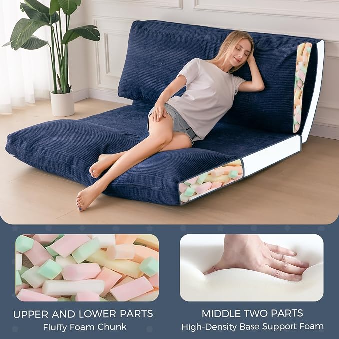 MAXYOYO Folding Sofa Bed, Extra Thick and Long Floor Sofa Convertible Chair with Washable Cover, Floor Couch Lounge Bean Bag Bed for Living Room, Navy, 39x91 Inch