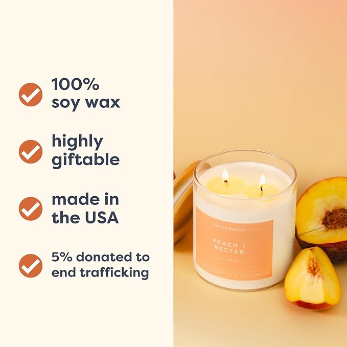 Calyan Wax Co. Peach & Nectar 2 Wick Scented Candle - 37 Hour Burn - Luxury Clean Soy Wax Candles - Long Lasting Large Glass Jar Candle for Home - 8.8oz