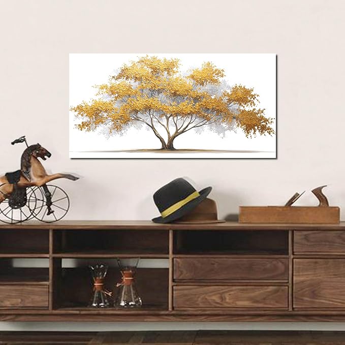 AOZEMI Yellow Wall Art for Living Room Tree Pictures Wall Decor White Canvas Artwork Art Bedroom Bathroom Office Large Modern 24"x 48"