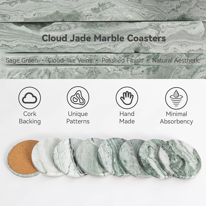 Sage Green Marble Coasters Set of 4 with Holder, Green & White Coaster for Coffee Table, 4" Round Polished Green Stone Coasters with Cloudy Veins – Heat Resistant, Non-Slip, Housewarming Gift