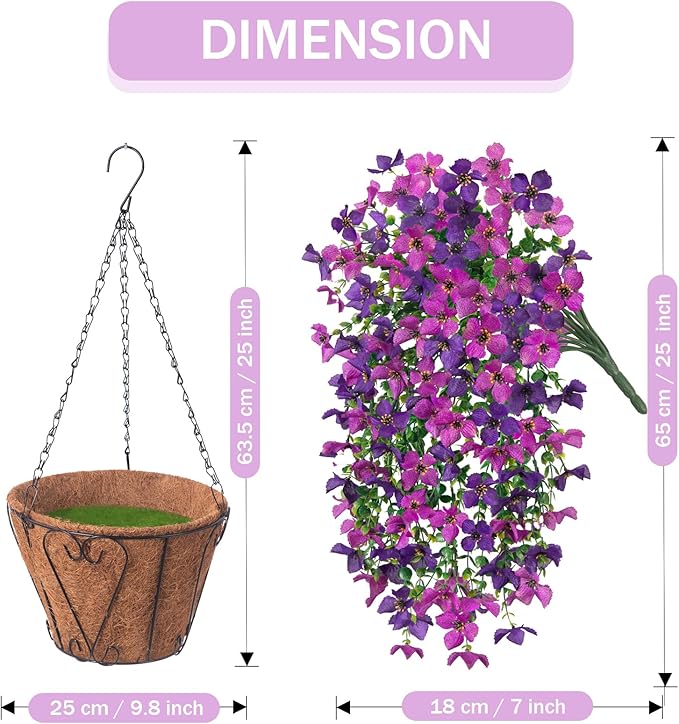 INXUGAO Artificial Hanging Flowers Plants with Basket for Outdoors, Realistic Faux Silk Daisy Flower Eucalyptus for Spring Decor, UV Resistant Fake Plants for Porch Patio Yard Balcony, Violet