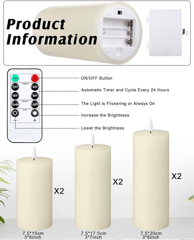 VIHOSE 6 Pack Lvory White Flameless Candles Set with Remote and Timer Flickering Flameless Battery Candles Flat Top LED Pillar for Wedding Outdoor Home Festival Decoration(D 3'' H 6'' 7'' 8'')