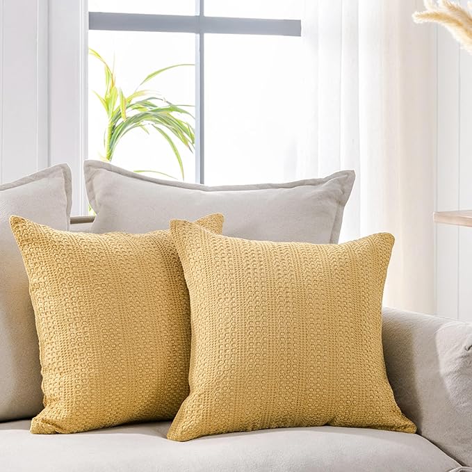 18x18 Throw Pillow Covers Set of 2 Boho Decorative Pillow Shams Stone Washed Cotton Pillowcase Waffle Square for Couch Sofa Chair Bed Car, Yellow