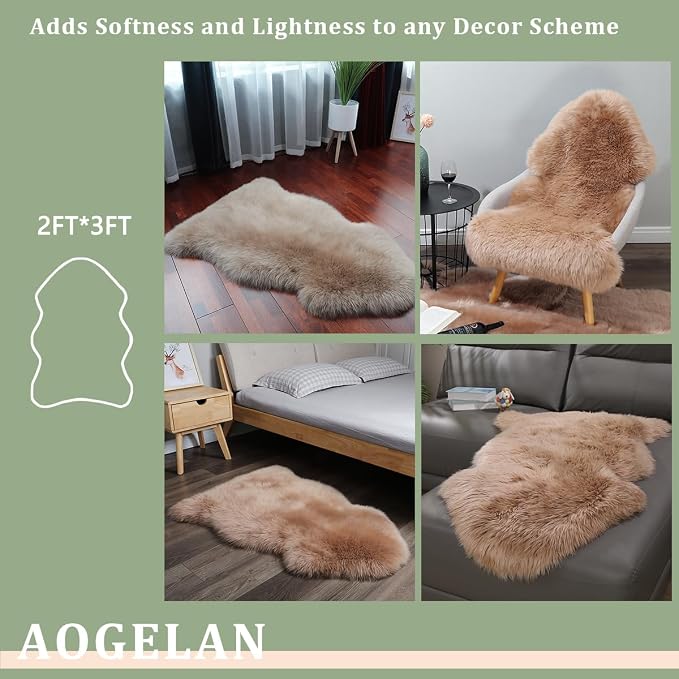 AOGELAN Shaggy Fur Area Rug, Genuine New Zealand Sheepskin Rug, Soft Fur Prayer Pup Carpet Mat, Single Pelt 2ft x 3ft Light Brown