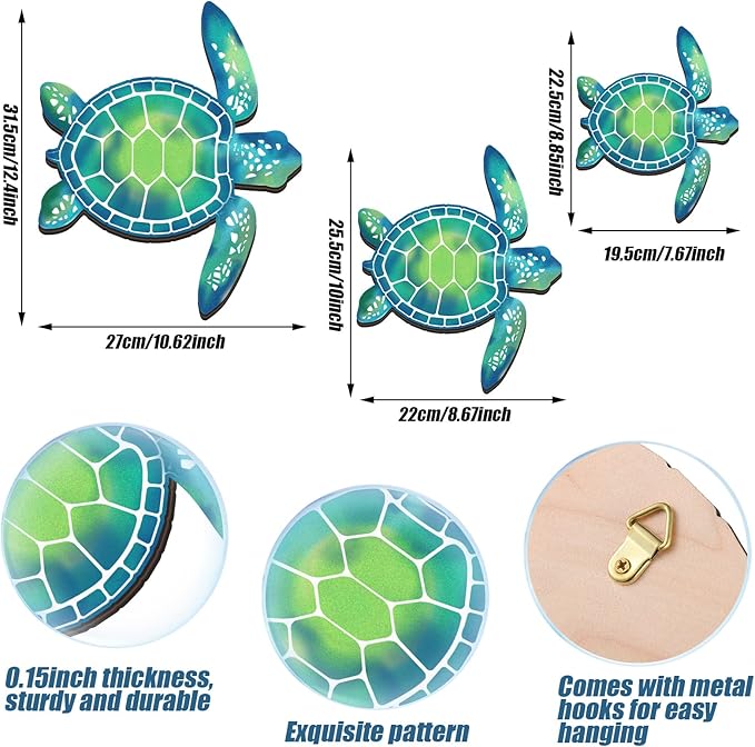 Bucherry 3 Sizes Wooden Sea Turtle Wall Decor Turtle Wall Art Beach Theme Art Decorations Vintage Coastal Ornaments for Pool Home Lake House Bathroom Garden Indoor Outdoor(Blue Green)