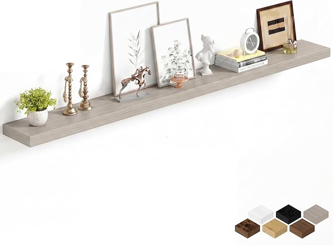 Fun Memories 67Inch Long Floating Shelves, 8 Inch Deep Shelves for Bedroom|Living Room, Wall Mounted Wood Hanging Shelf with Invisible Brackets for Fireplace Mantel Home Storage Decor, Grey - 1 Pack