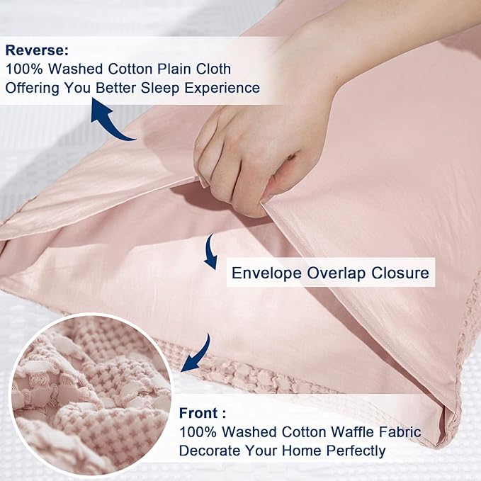PHF 100% Cotton Waffle Pillow Shams Standard Size, 2 Pack 20" x 26" Soft Skin-Friendly Pillowcases, No Filling, Aesthetic Woven and Breathable Waffle Weave Pillow Case Covers for Bed, Pink