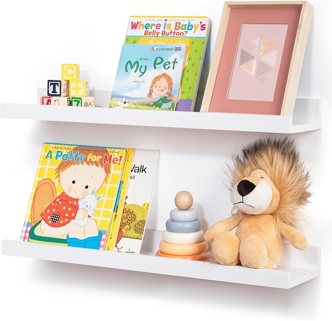 FLYJOE Picture Ledge Shelf for Wall, 24 inch Solid Ash Wood Nursery Book Shelves 2 Packs, Floating Shelves for Kids' Room Bedroom Bathroom Living Room Photo Frames Office Nursey Wall Decor, White