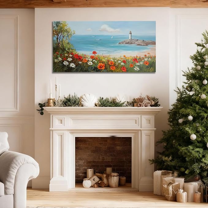 Ardemy Lighthouse Framed Canvas Wall Art for Living Room Blue Ocean Painting Seascape Landscape Coastal Picture Textured Bedroom Oversized Artwork Home Office Wall Decor, Extra Large 58"x29"