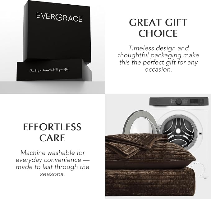 EverGrace Velvet Quilt Set Queen Size, Luxurious Soft Striped Channel Bedding Set, Lightweight Velvet Comforter for All Season, Oversized Bedspread Coverlet with 2 Matching Shams, Walnut Brown