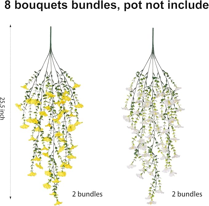 Fake Artificial Hanging Morning Glory Flowers for Outdoor Planters Porch Pation Decoration,8 Bundles UV Resistant Silk Faux Flowers with Realistic Eucalyptus Plants for Home Office Garden Decor