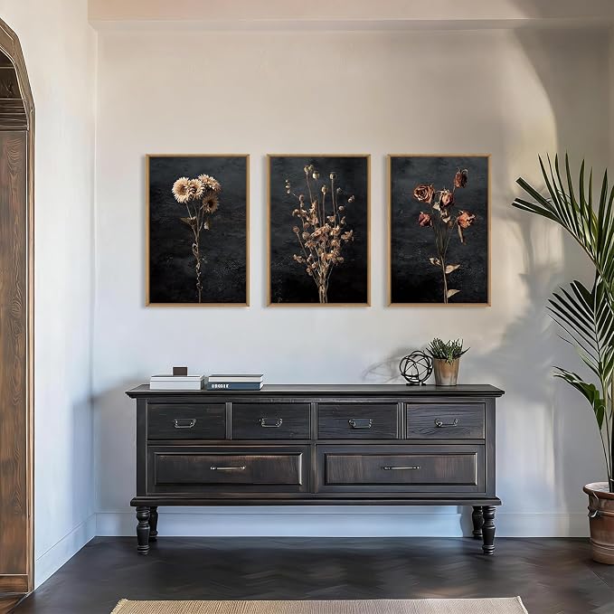 Large Moody Dark Floral Framed Canvas Wall Art Set,Vintage Mid Century Dried Flower Wall Decor,Modern Boho Wildflower Botanical Artwork for Living Room,Bedroom,Farmhouse- 24"x36"x3
