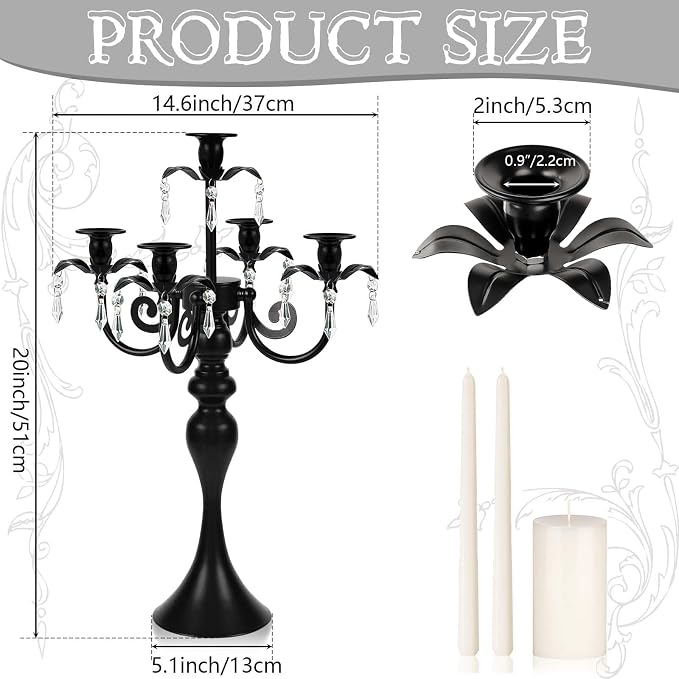 20''Tall Crystal Pendant Taper Candle Holders/Stylish Candle Stands/Candlesticks Holder/Candelabra for Home Decor, Weddings/Parties/Elegant Dining Table Centerpiece (4, Black)