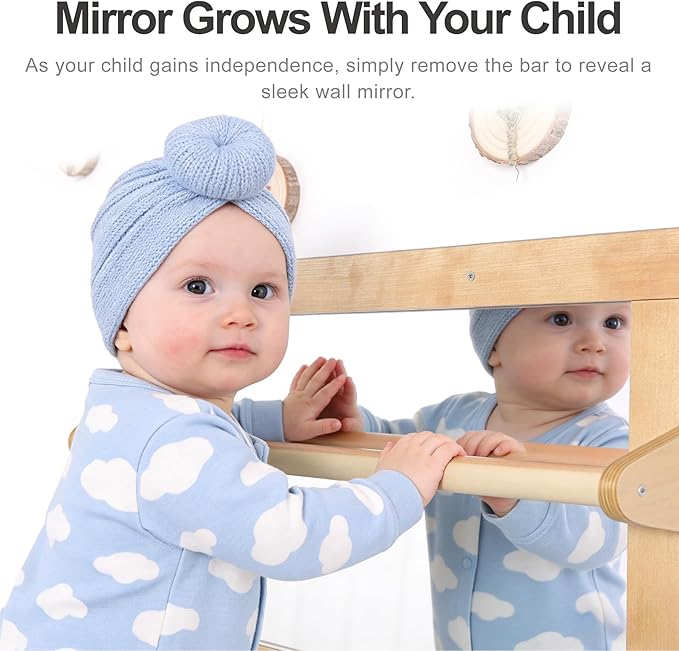 Baby Montessori Wooden Frame Non-Shatter Safety Mirror w/ 2 Pull Up Bars, Infant Coordination Small Mirror for 6-18 Months (Natural)